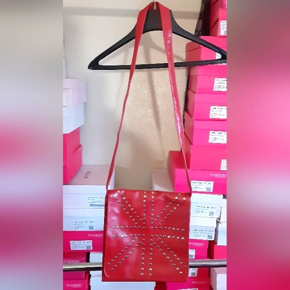 Small/med Gently used Thin flap red silver stud long strap crossbody purse - Picture 1 of 3